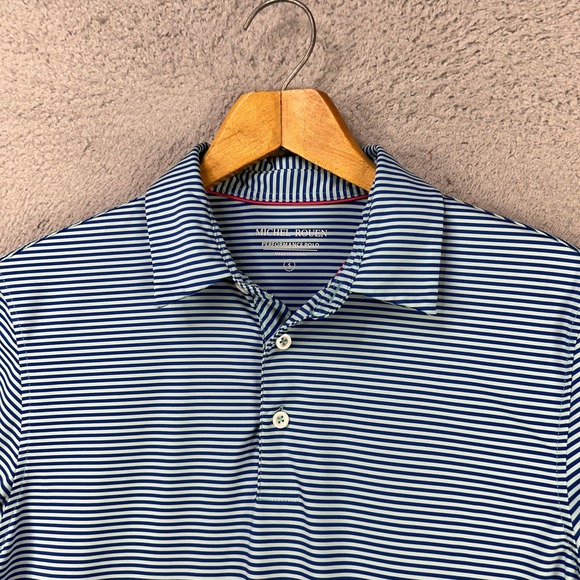 Michel Rouen Mens Performance Polo Shirt Small Blue White Stripe Rugby Golf Logo - Picture 1 of 8